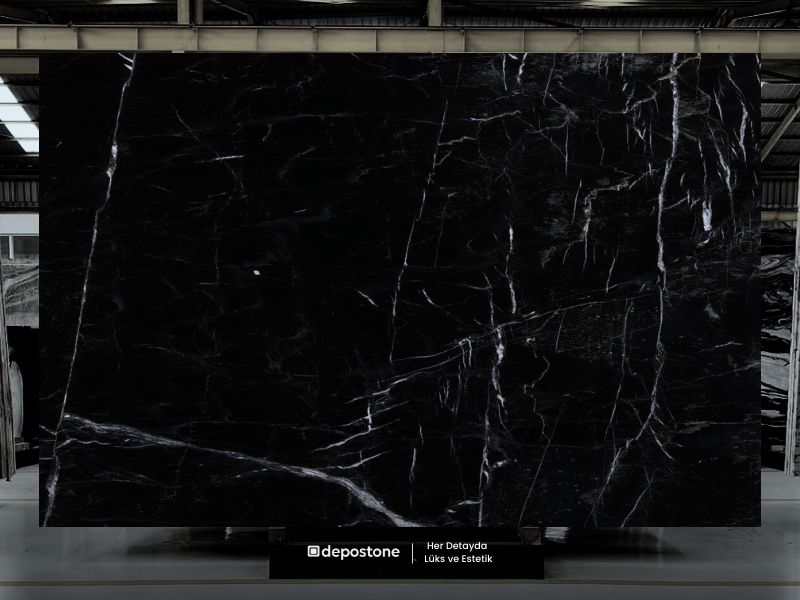 Alexander Black Marble slab with dramatic white veining for luxury interior design