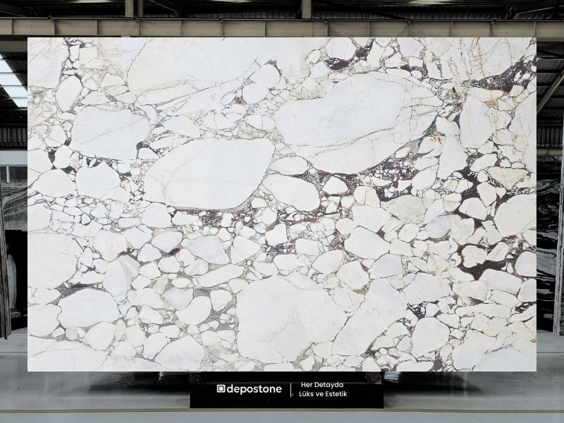 Remarkable Calacatta Monet marble slab with bold sweeping veins and a pure white base for elite interior design.