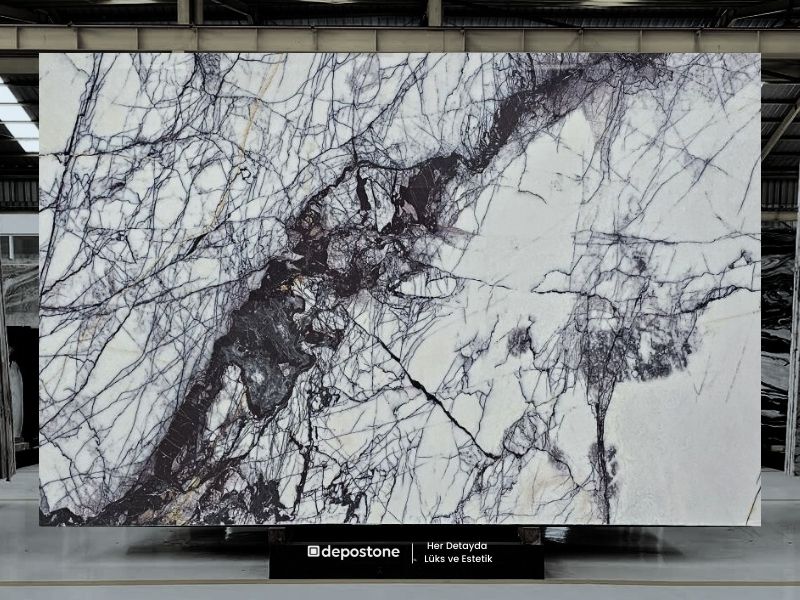 High-quality Lilac Marble slab featuring a white base with dramatic purple veining, suitable for bookmatching in luxury interior projects.