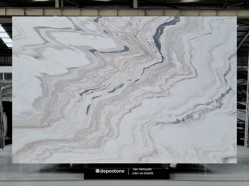 Bianco Monte Marble slab with soft grey veining on white background