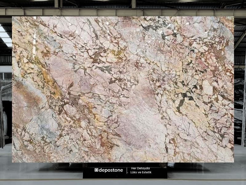 Terra Breccia Marble slab showcasing its natural brecciated structure with warm beige, blush, grey and earthy brown tones.