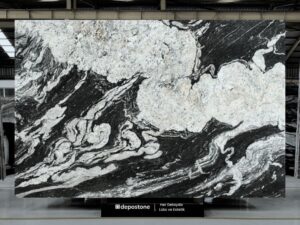 Premium 2cm Black Storm Granite slab with dramatic black and white flowing patterns from Brazil