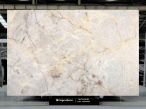 Premium 2cm Cristallo White Quartzite slab with translucent texture and golden veining from Brazil