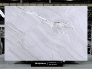 Luxurious 2cm Quartzite Azzurra Bay slab with soft blue and white veins from Brazil