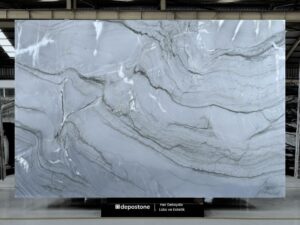 Premium 2cm Quartzite Platino slab with elegant grey waves and durable structure from Brazil