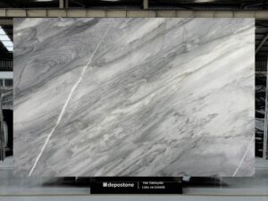 Premium 2cm Quartzite Silver River slab with flowing silver and grey veins from Brazil